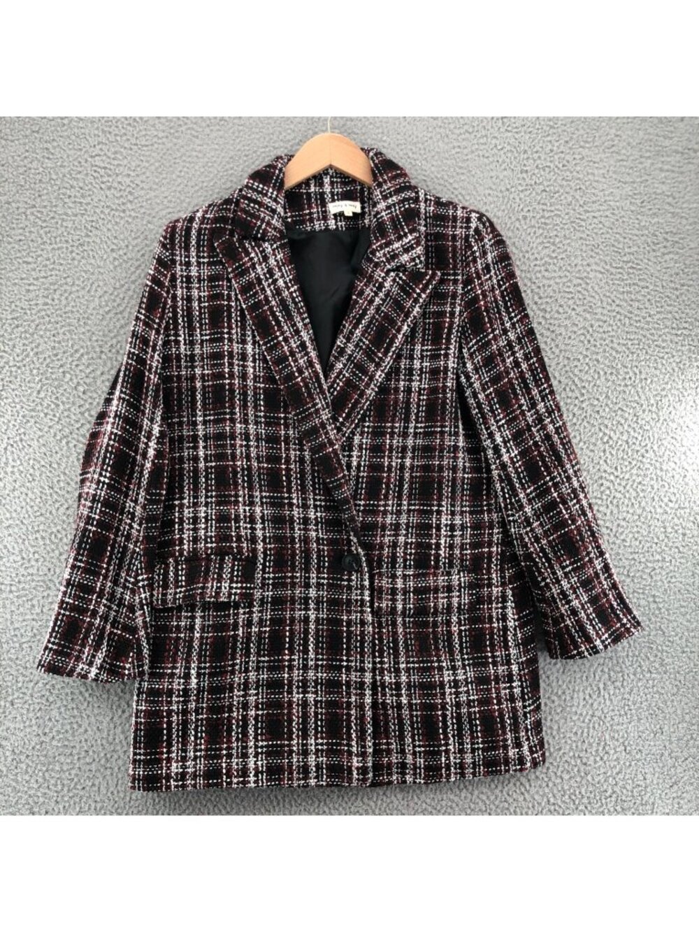 Aaron & Amber Coat Womens Large Black Plaid Tweed Double Breasted Blazer Pockets